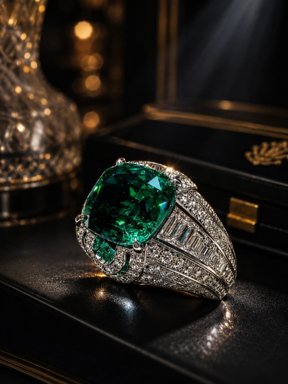 Men's Emerald Green Cut Statement Ring Size 8 Silver Tone Iced CZ Style